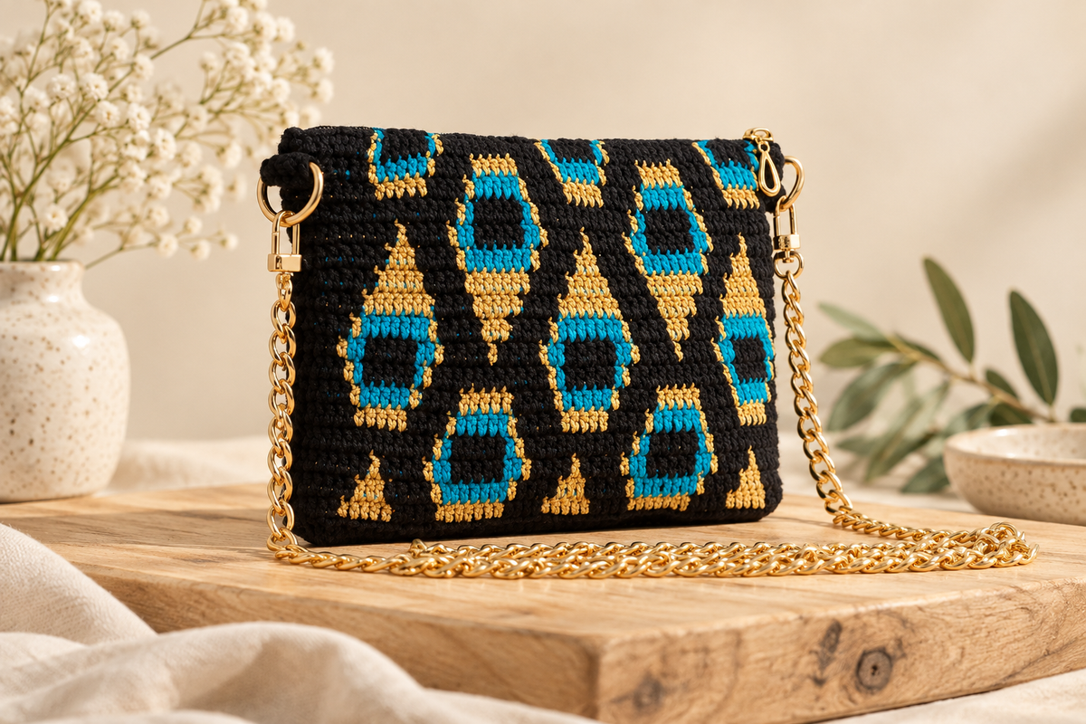 Bolso de crochet Pavo Real - Negro con cadena